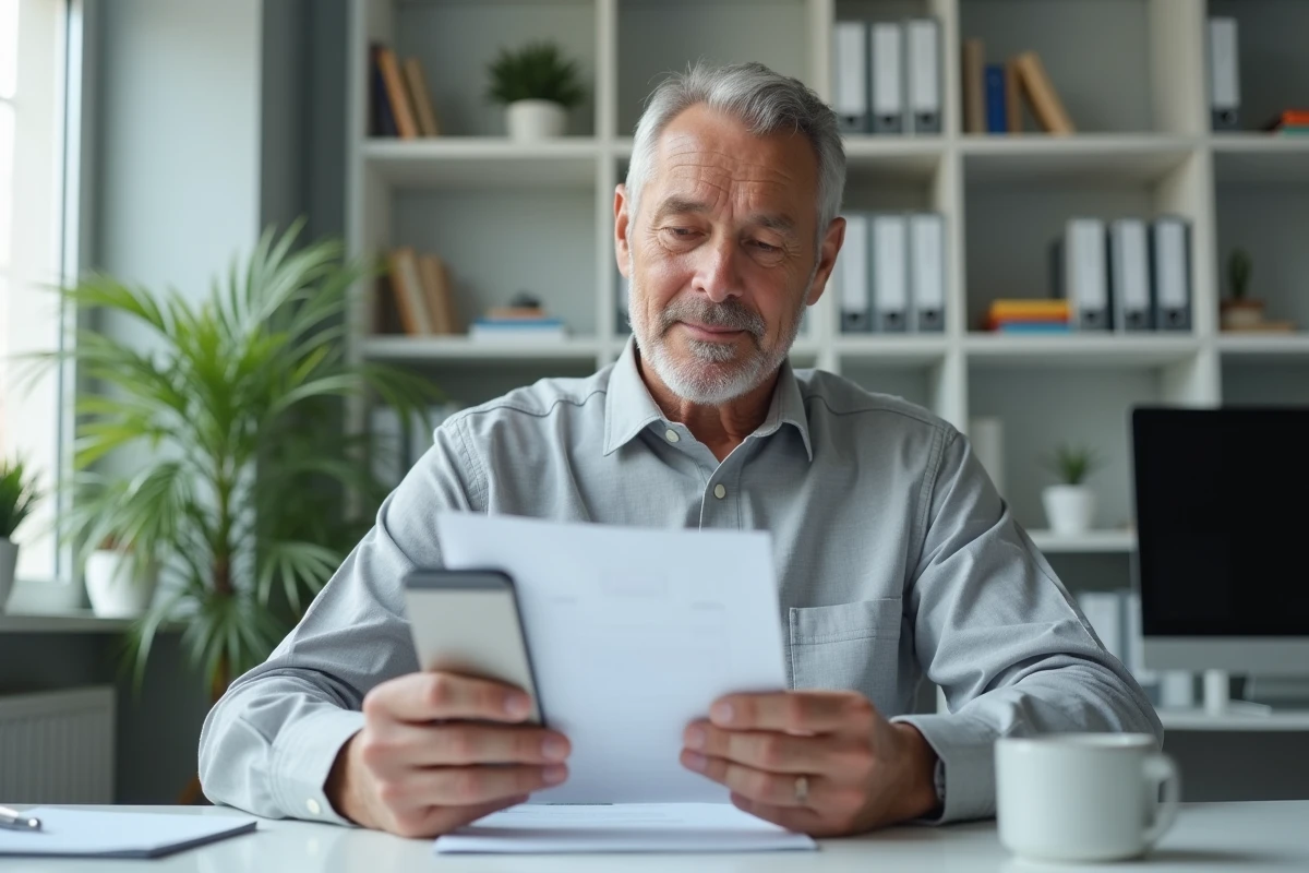Homme consultant retraité numérisant ses documents administratifs avec un smartphone pour les transmettre à l'Agirc-Arrco