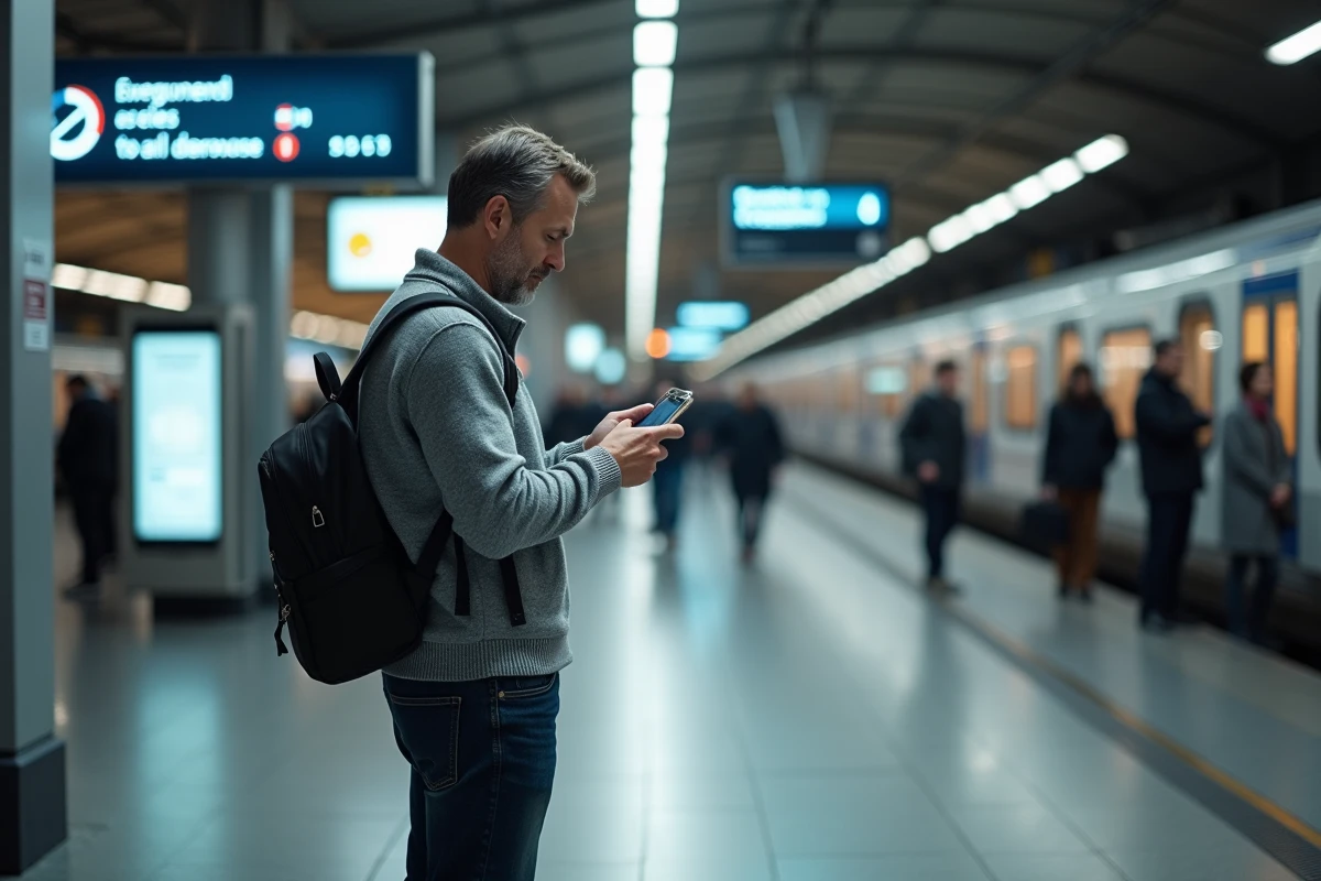 Homme utilisant son smartphone pour contacter les services SNCF Famille en gare