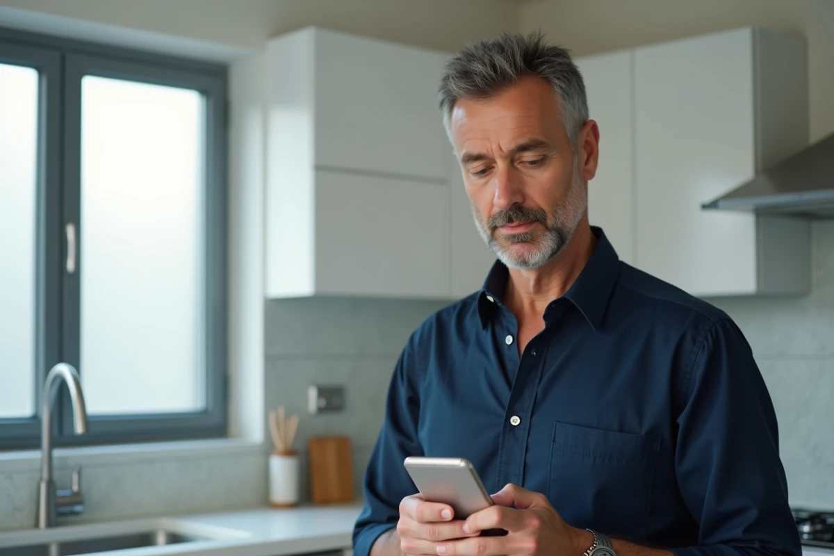 Homme vérifiant les avis clients d'un site de commerce en ligne sur son smartphone dans une cuisine moderne