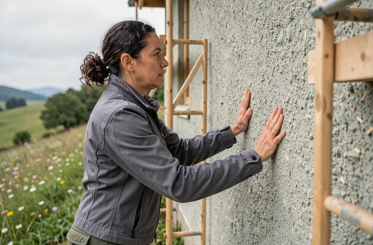 Femme inspectant un mur en chanvre et chaux d'une maison passive sur un chantier d'éco-construction en milieu rural