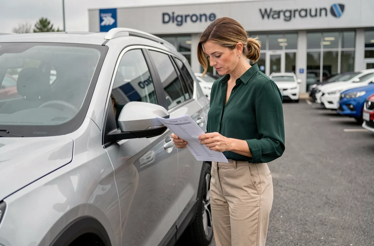Une femme inspecte attentivement une voiture SUV dans le parc d'une concession automobile avant achat