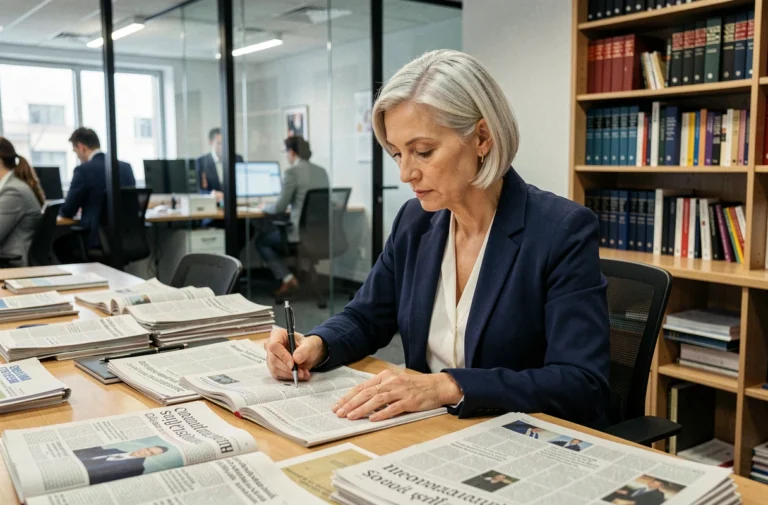 Journaliste analysant les grandes tendances de l'actualité internationale dans une salle de rédaction moderne