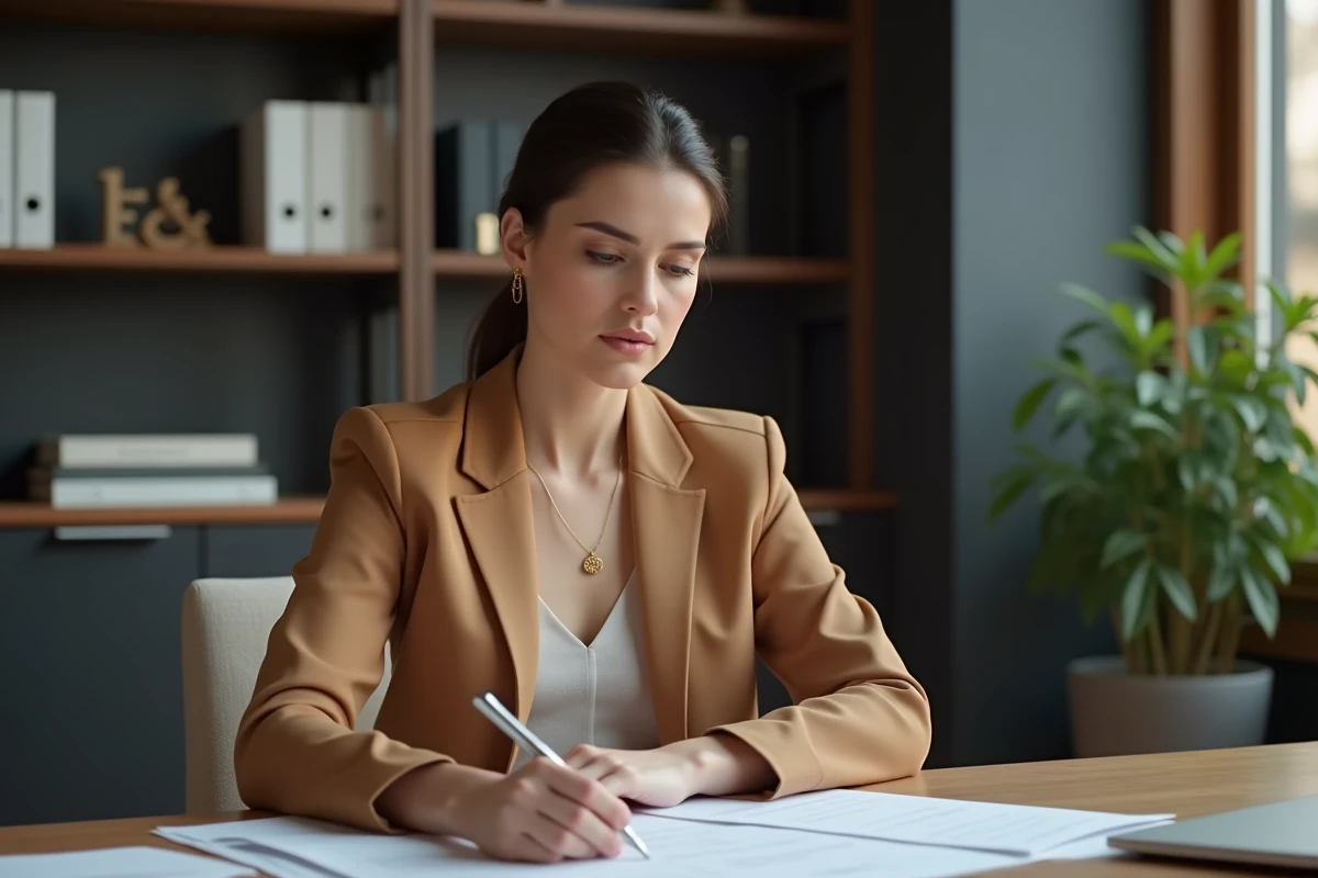 Marwa Cheikh, femme d'affaires ambitieuse, concentrée sur son travail dans un bureau élégant et professionnel