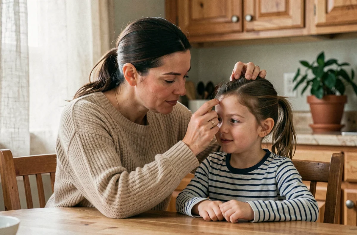 Mère inspectant les cheveux de sa fille avec un peigne anti-poux à la maison dans une ambiance domestique naturelle