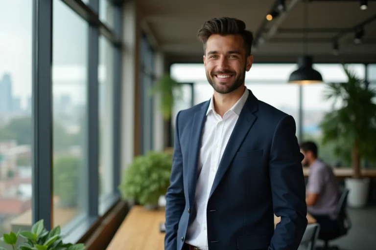 Moustafa El Oudi, entrepreneur passionné, posant avec confiance dans un espace de travail moderne et lumineux