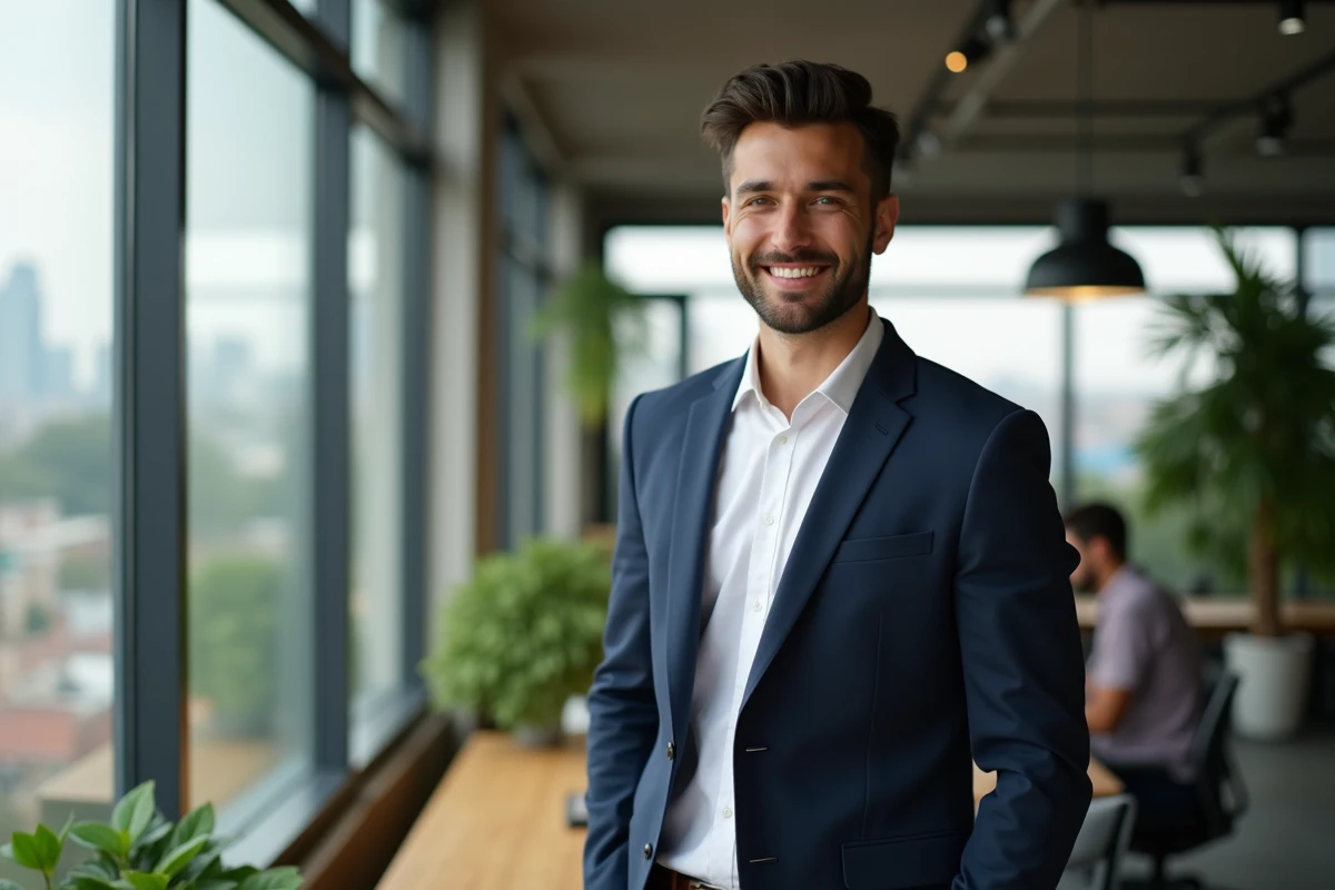 Moustafa El Oudi, entrepreneur passionné, posant avec confiance dans un espace de travail moderne et lumineux