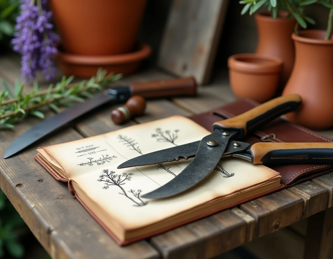 Sécateur professionnel et outils de jardinage posés sur un établi en bois pour la taille des arbustes décoratifs