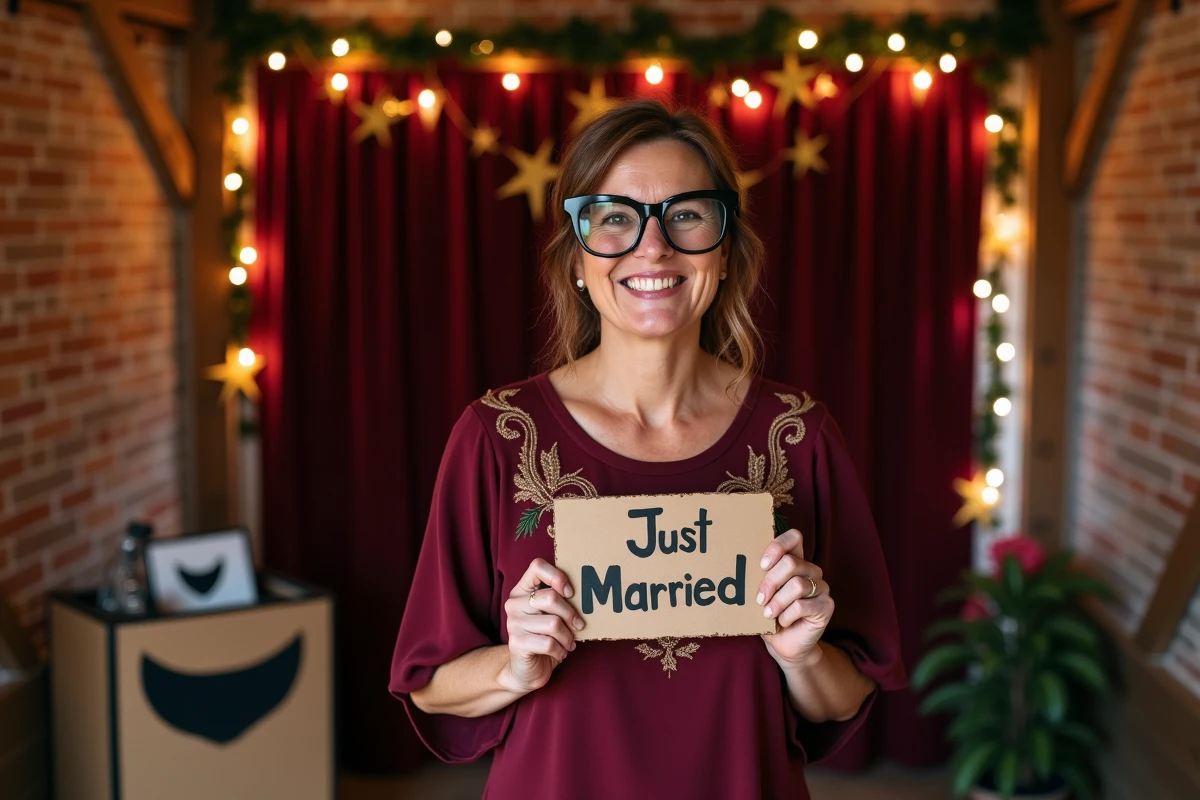 Invitée de mariage souriante devant un photobooth rustique avec accessoires et panneaux festifs dans une grange décorée