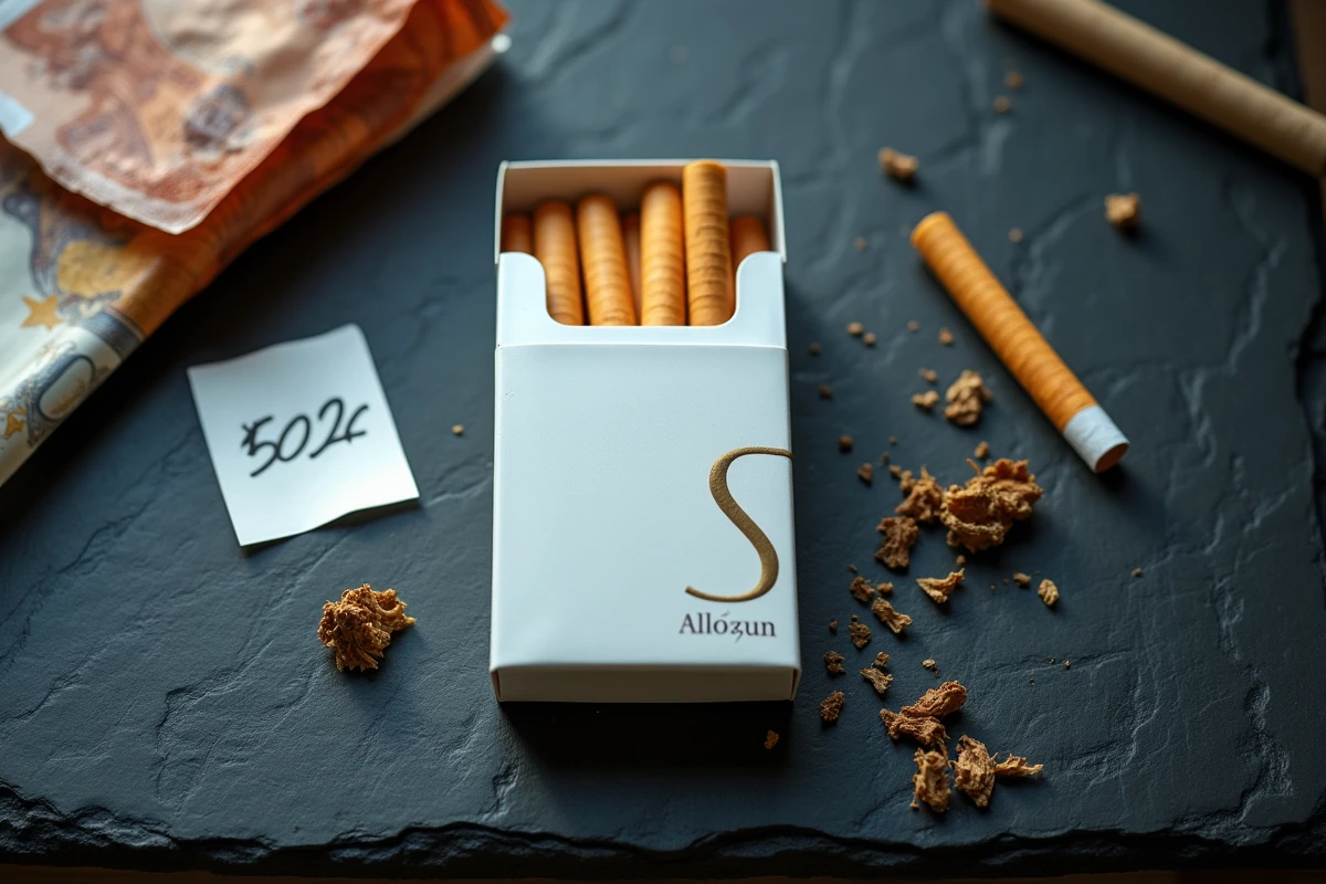 Vue aérienne d'un paquet de cigarettes avec des euros et une étiquette de prix 2026 dans une boutique duty-free au Luxembourg