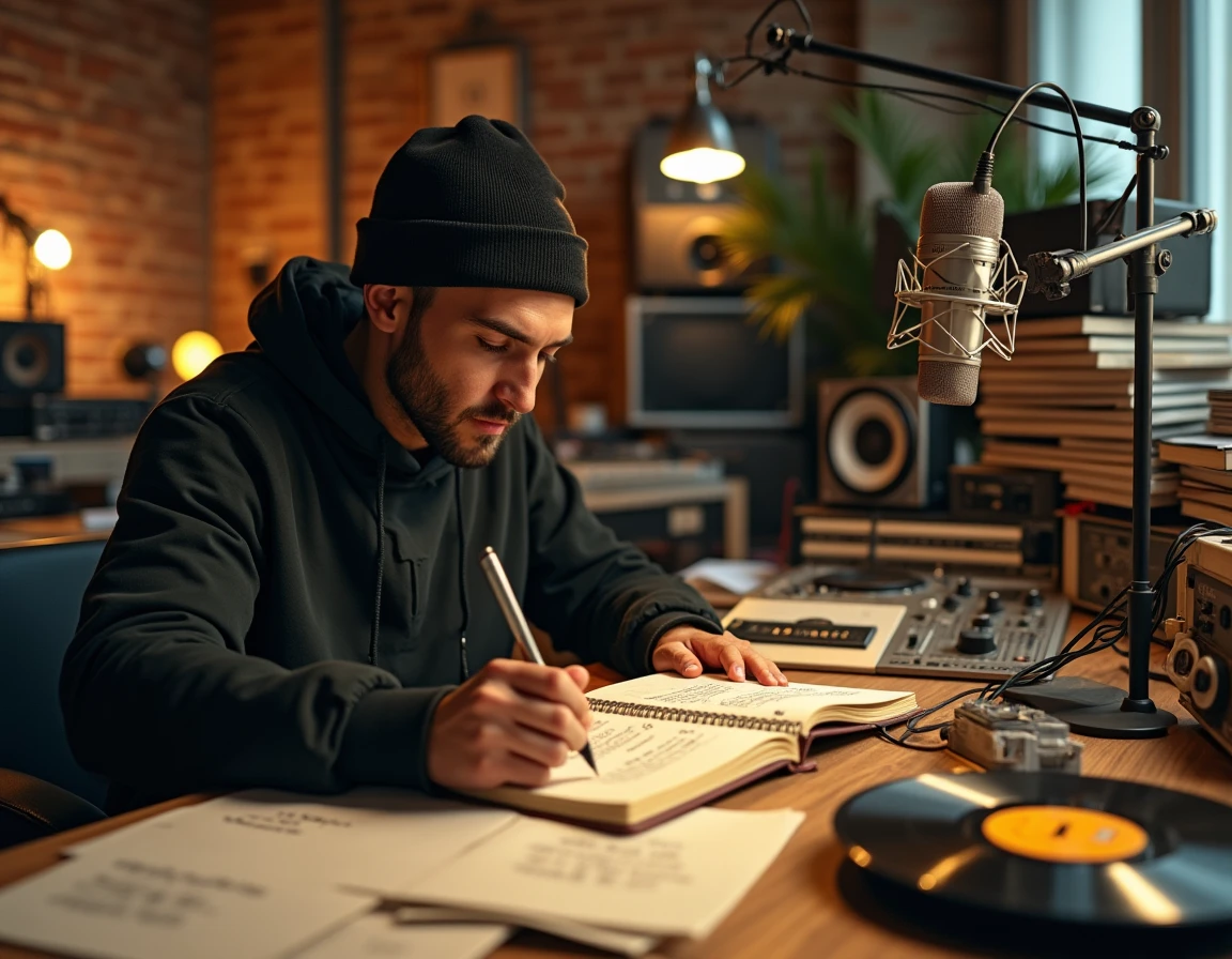 Producteur de hip-hop français dans son studio entouré de paroles et de vinyles, évoquant l'usage du mot bazardée dans la musique urbaine