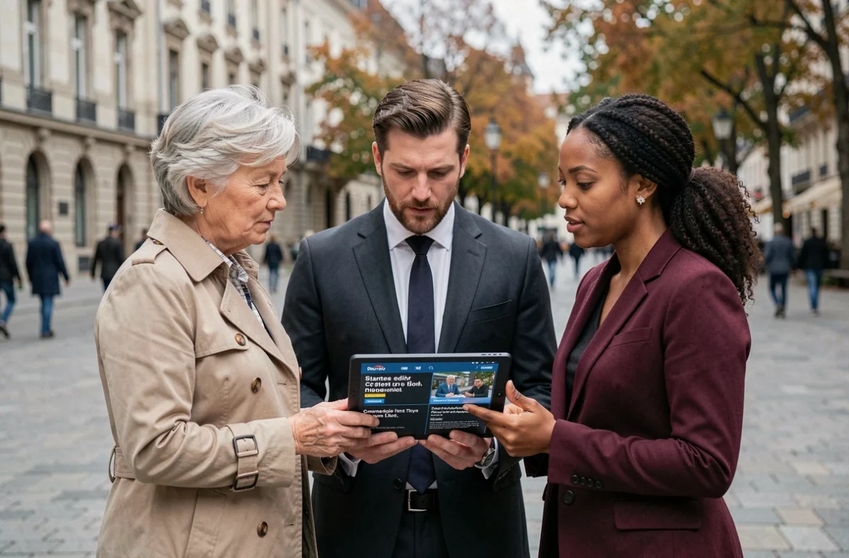 Groupe de professionnels discutant de l'actualité internationale autour d'une tablette dans un cadre urbain européen