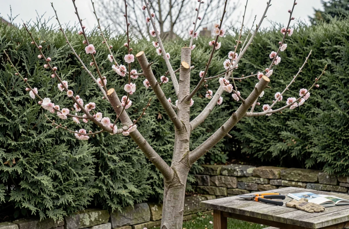 Prunus taillé en hauteur avec des fleurs intactes sur les branches latérales dans un jardin résidentiel