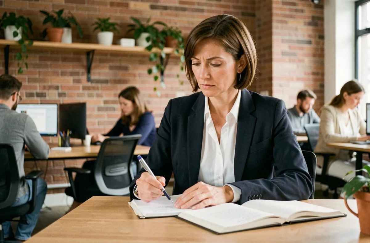 Femme de 40 ans en reconversion professionnelle prenant des notes dans un espace de coworking moderne
