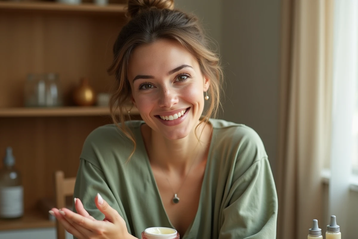 Jeune femme au naturel appliquant de la crème de soin visage devant une coiffeuse en bois dans une chambre cosy