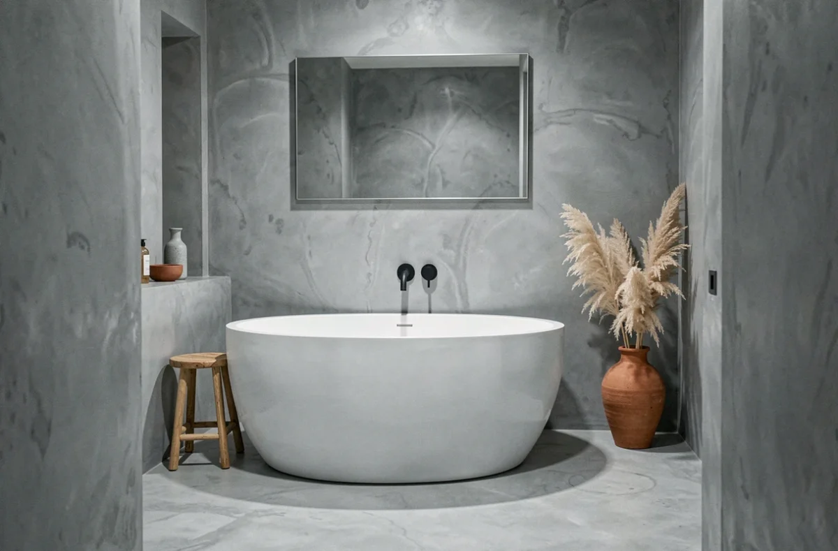 Salle de bain en béton ciré gris ardoise avec baignoire îlot blanche, tendances salle d'eau minimaliste et luxueuse
