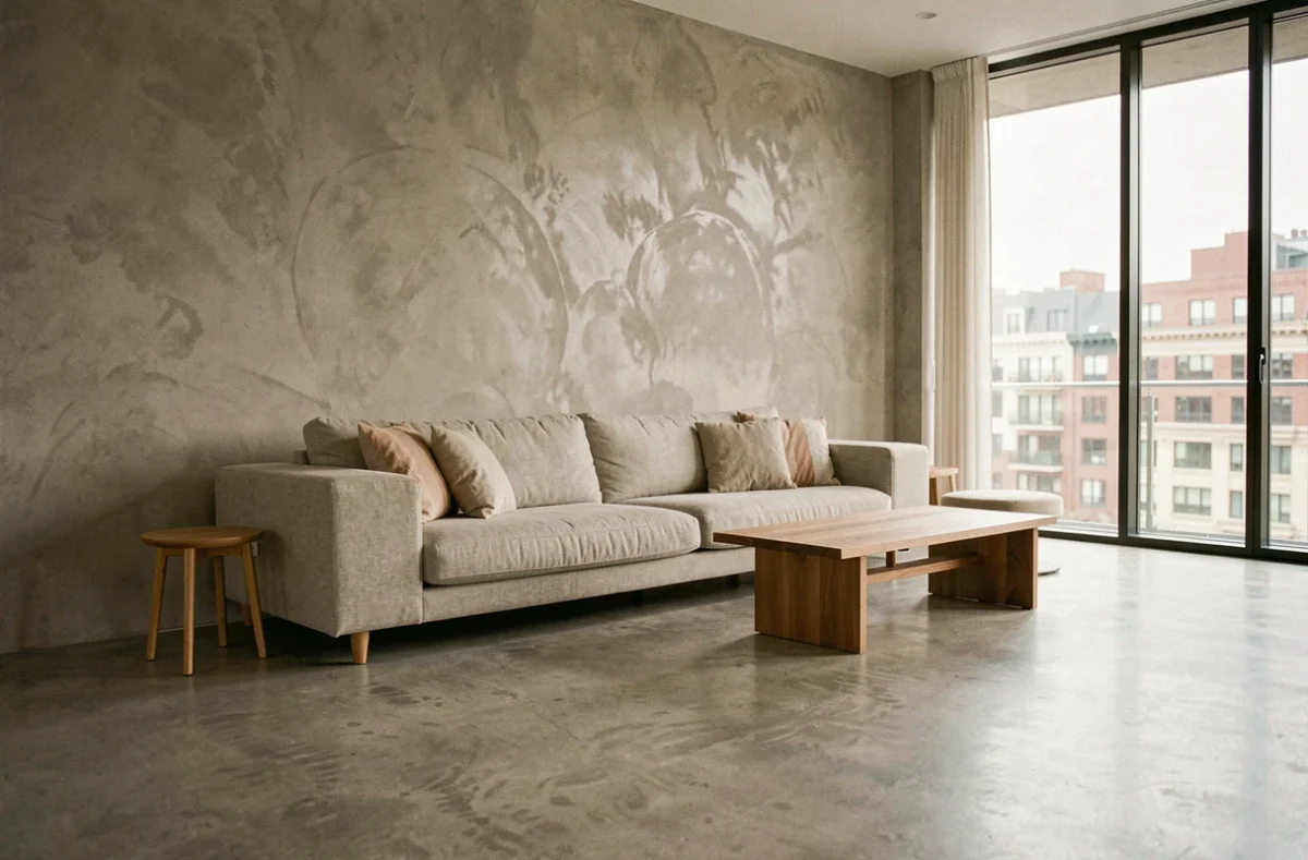 Salon moderne avec murs et sol en béton ciré greige, canapé en lin et baies vitrées, tendances intérieur contemporain