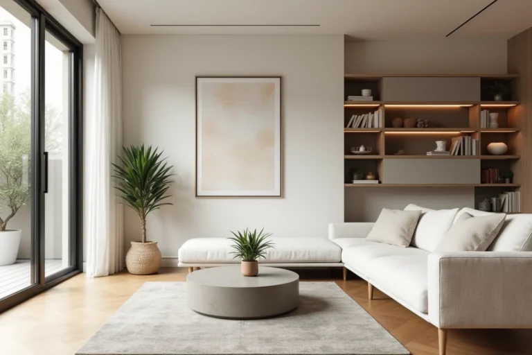 Salon moderne rénové avec parquet en chêne clair, canapé en lin blanc et étagères ouvertes décorées avec soin