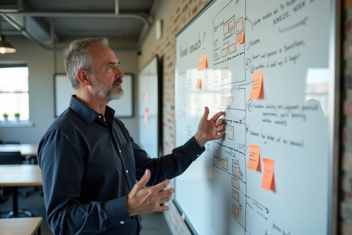 Professionnel présentant un schéma de navigation de site web sur un tableau blanc en agence