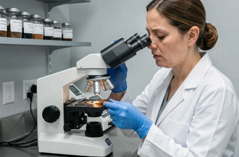 Scientifique en blouse blanche examinant un cheveu au microscope optique dans un laboratoire moderne pour étudier les poux