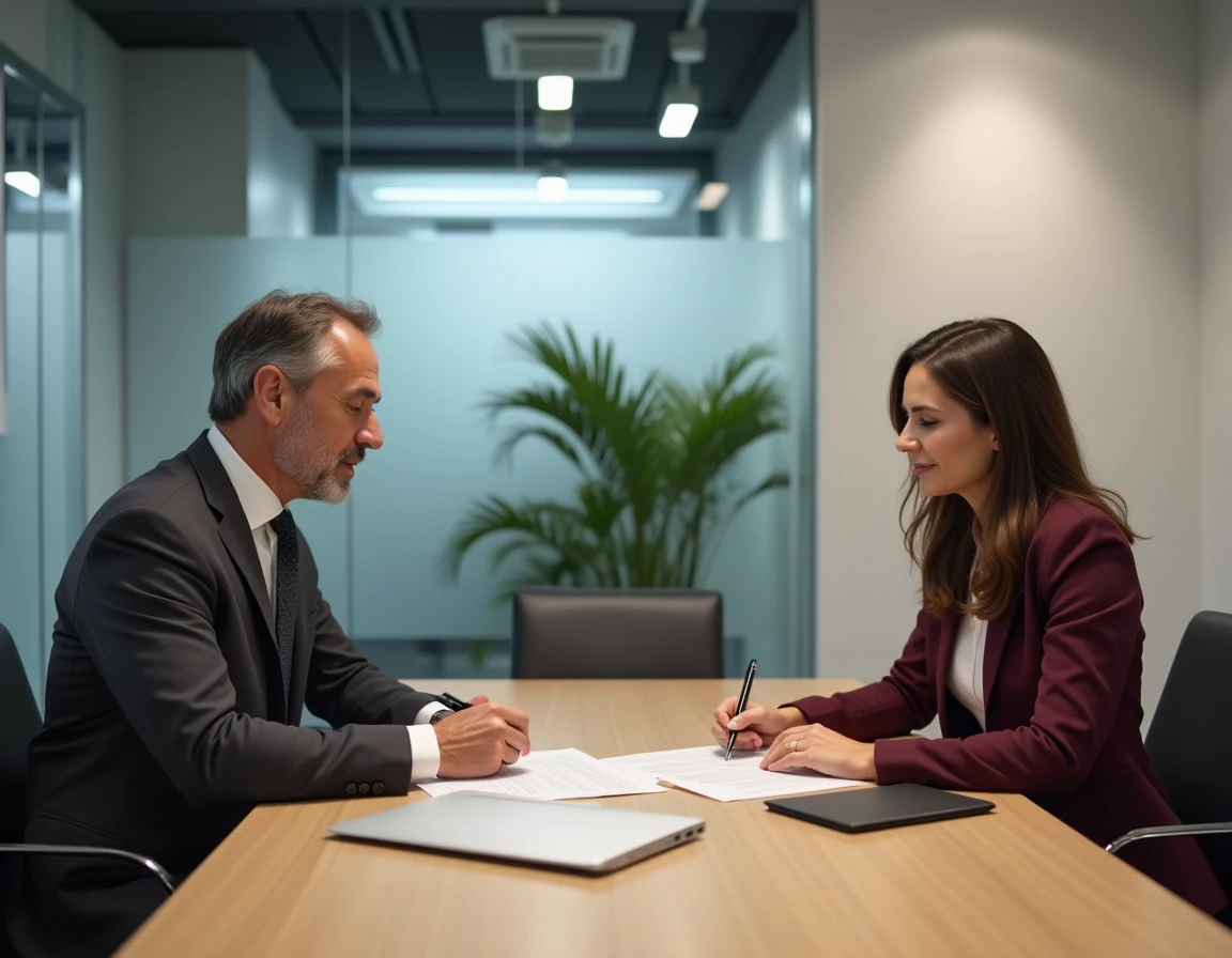 Signature d'un contrat de travail CDI entre employeur et salarié en salle de réunion