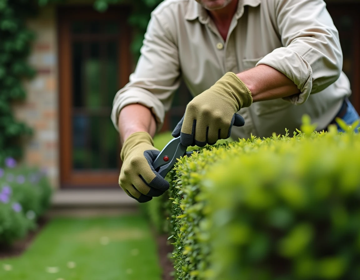 Jardinier expérimenté taillant une haie de buis avec un sécateur manuel dans un jardin résidentiel bien entretenu