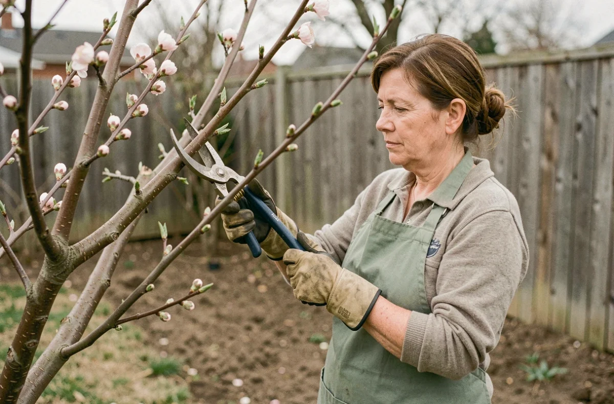 Femme taillant un prunus en fleurs avec un sécateur dans un jardin de banlieue au printemps