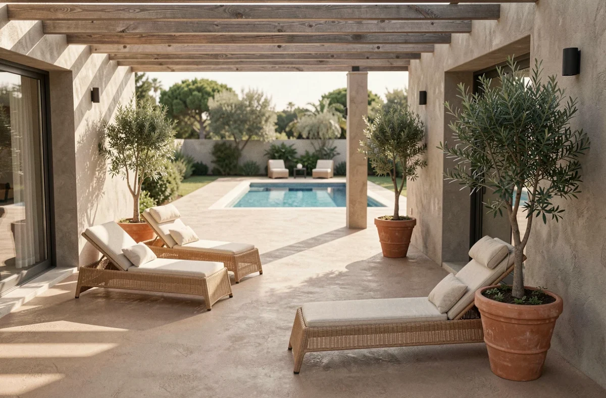 Terrasse extérieure en béton ciré taupe avec salon de jardin en rotin et oliviers, tendances aménagement extérieur contemporain