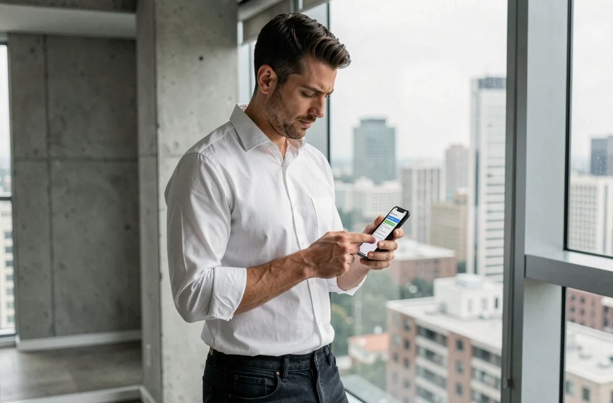 Homme vérifiant les demandes d'abonnement Instagram sur téléphone dans un appartement urbain moderne